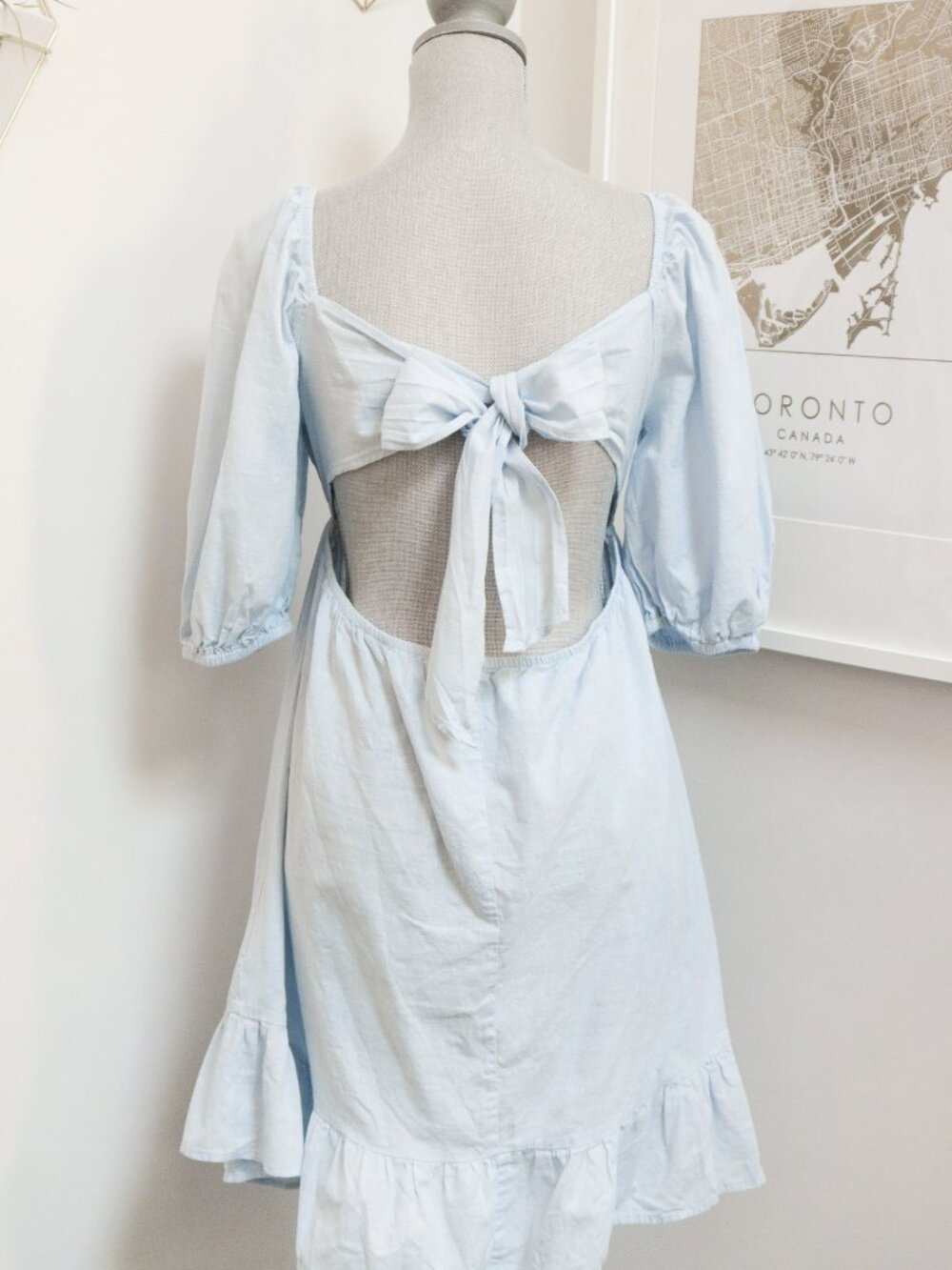 SHEIN Blue Cotton Peasant Style Babydoll Dress w/ Open Bowtie Back & Puff Sleeve - Picture 5 of 9